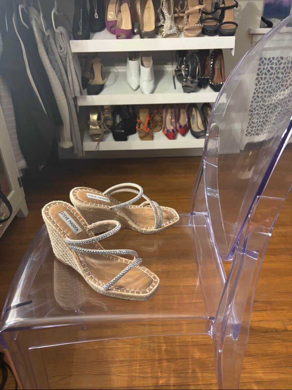 Steve Madden Natural Raffia Wedge Sandals with Silver Straps
